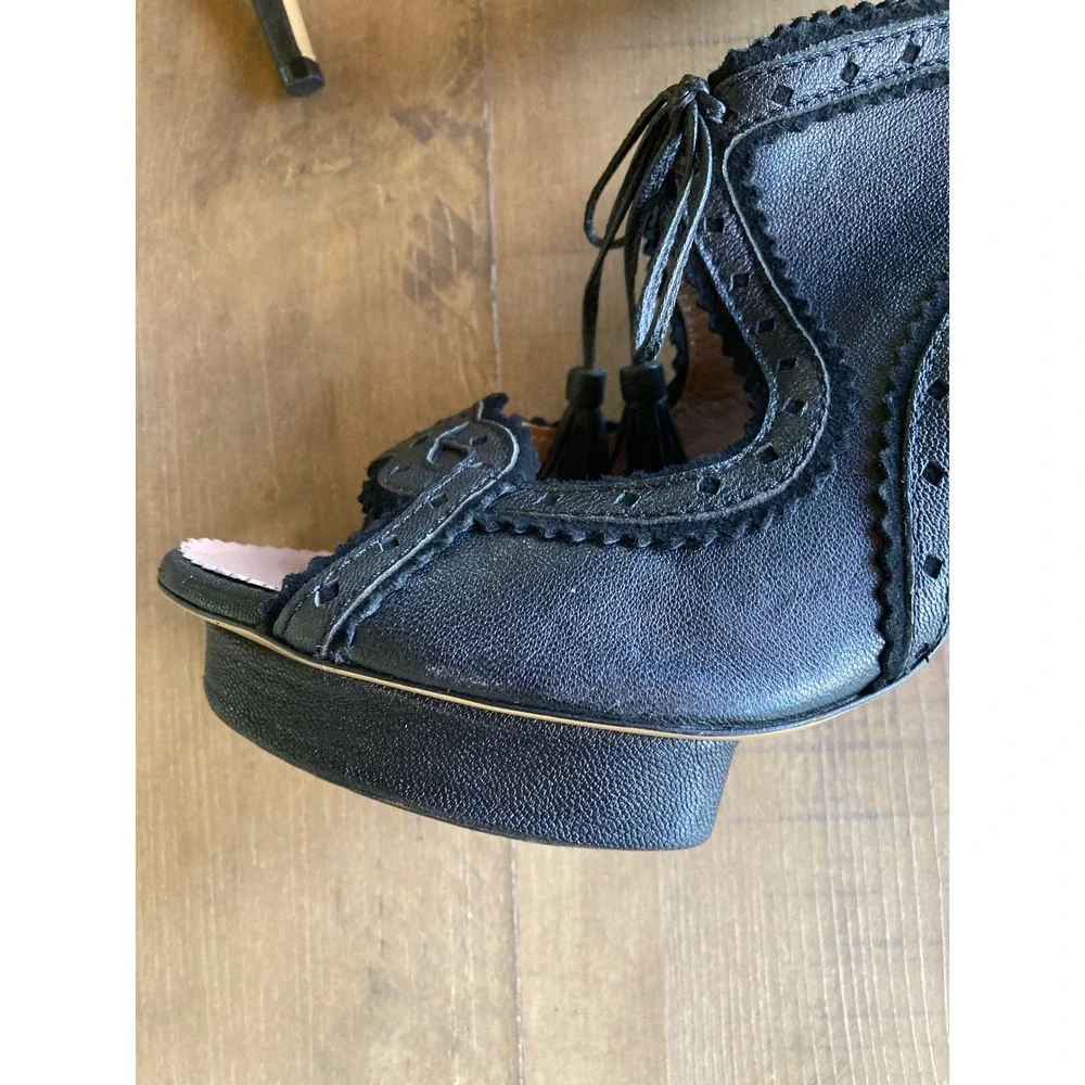 Suecomma Bonnie Black Leather Brogue Platform Peep Toe Tassel Heels 39.5